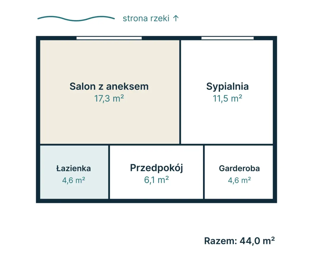Rzut mieszkania M-14: 2 pokoje, 44,0 m²